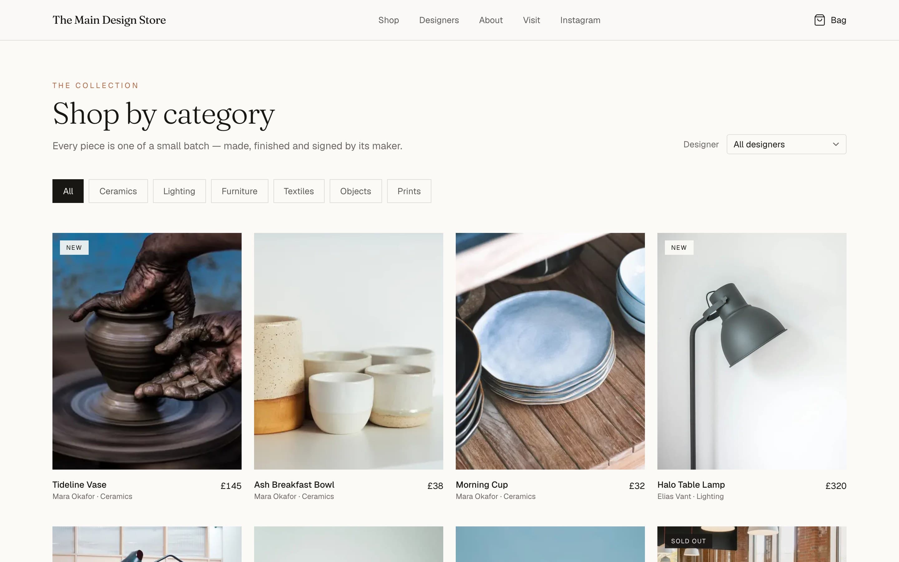 The Main Design Store — “Shop by category” with maker and price on every piece.
