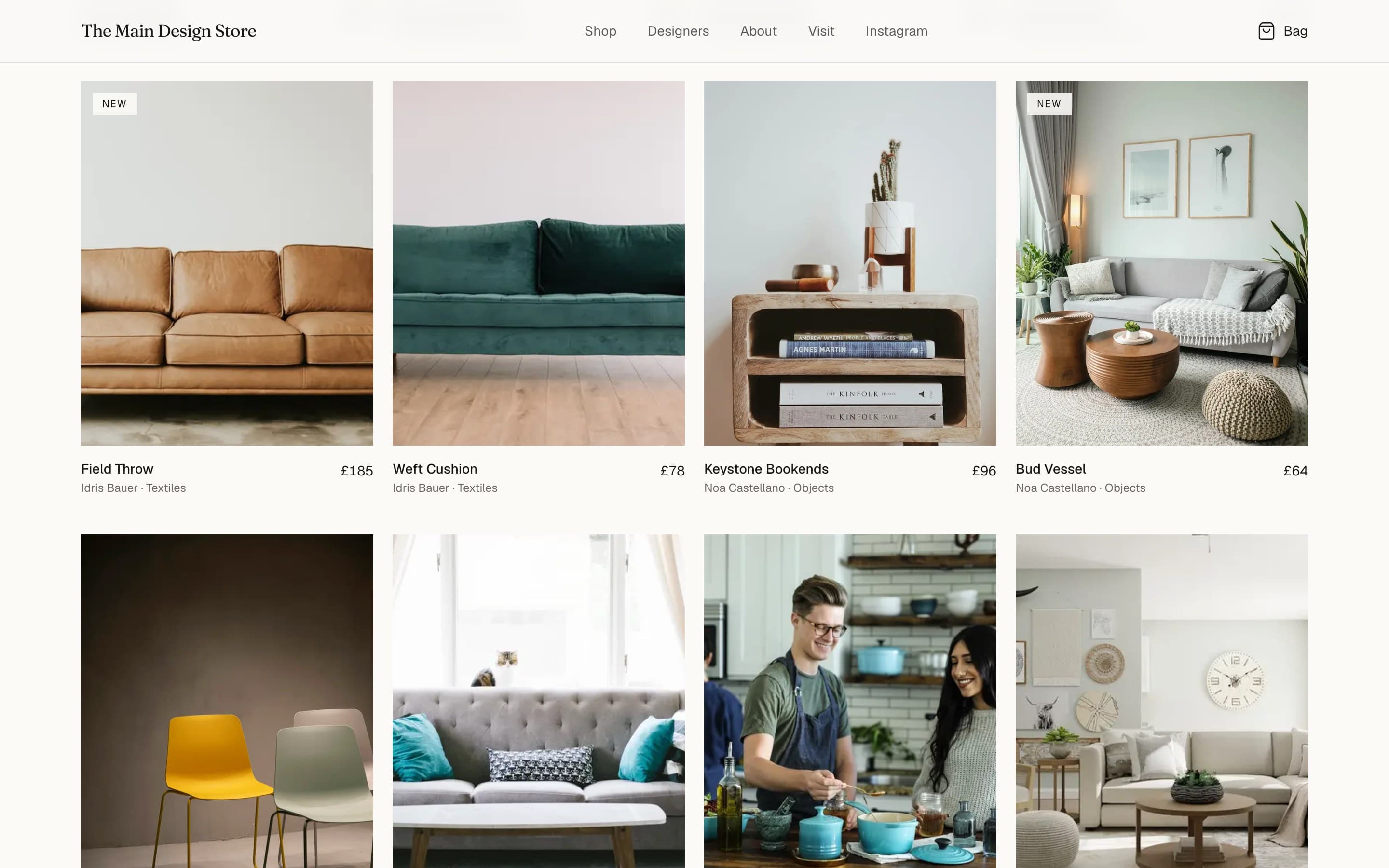 The Main Design Store — A curated grid spanning furniture, textiles, and objects.