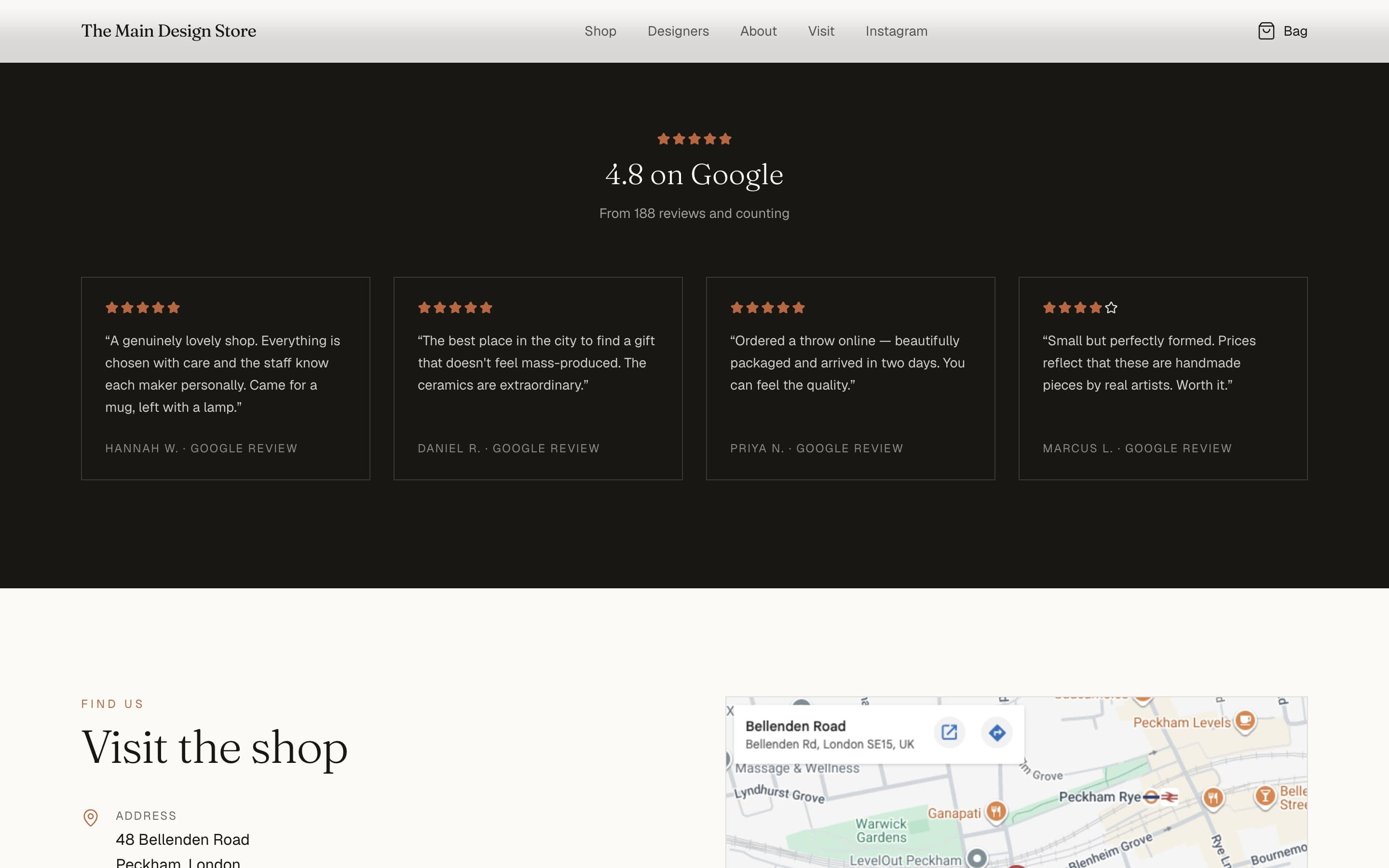 The Main Design Store — A Google rating, reviews, and the shop's location.