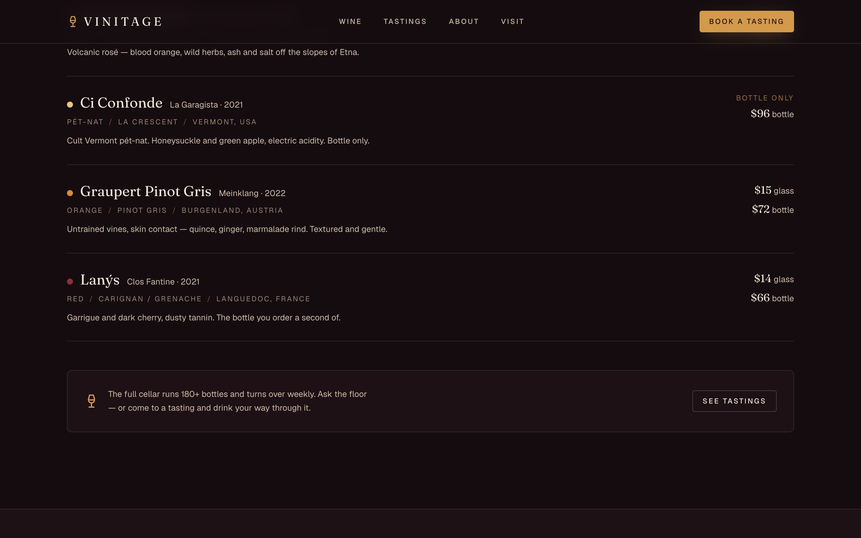 Vinitage — An editorial wine list with tasting notes and by-glass / bottle pricing.