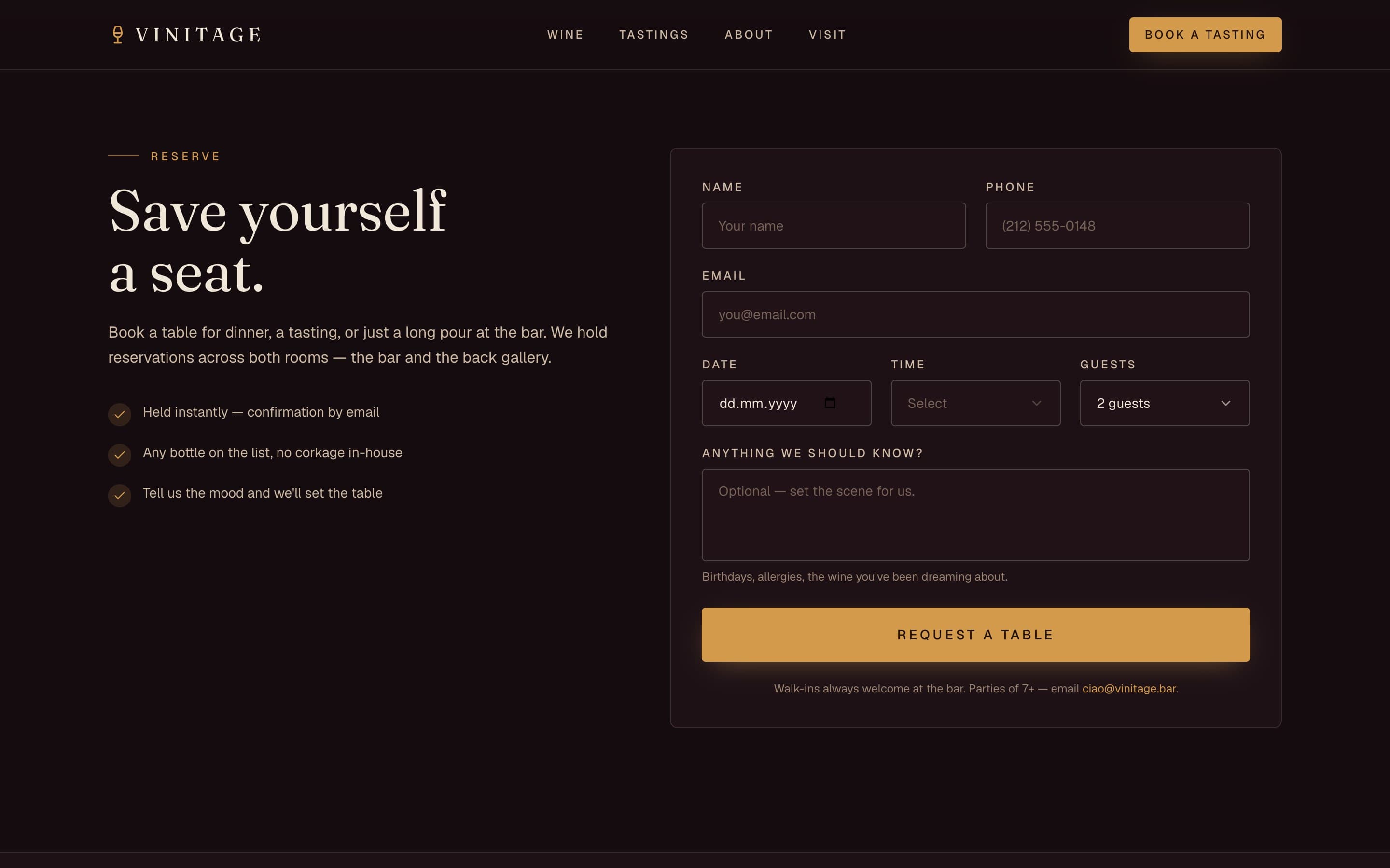 Vinitage — A reservation flow that holds the bar or the back gallery.