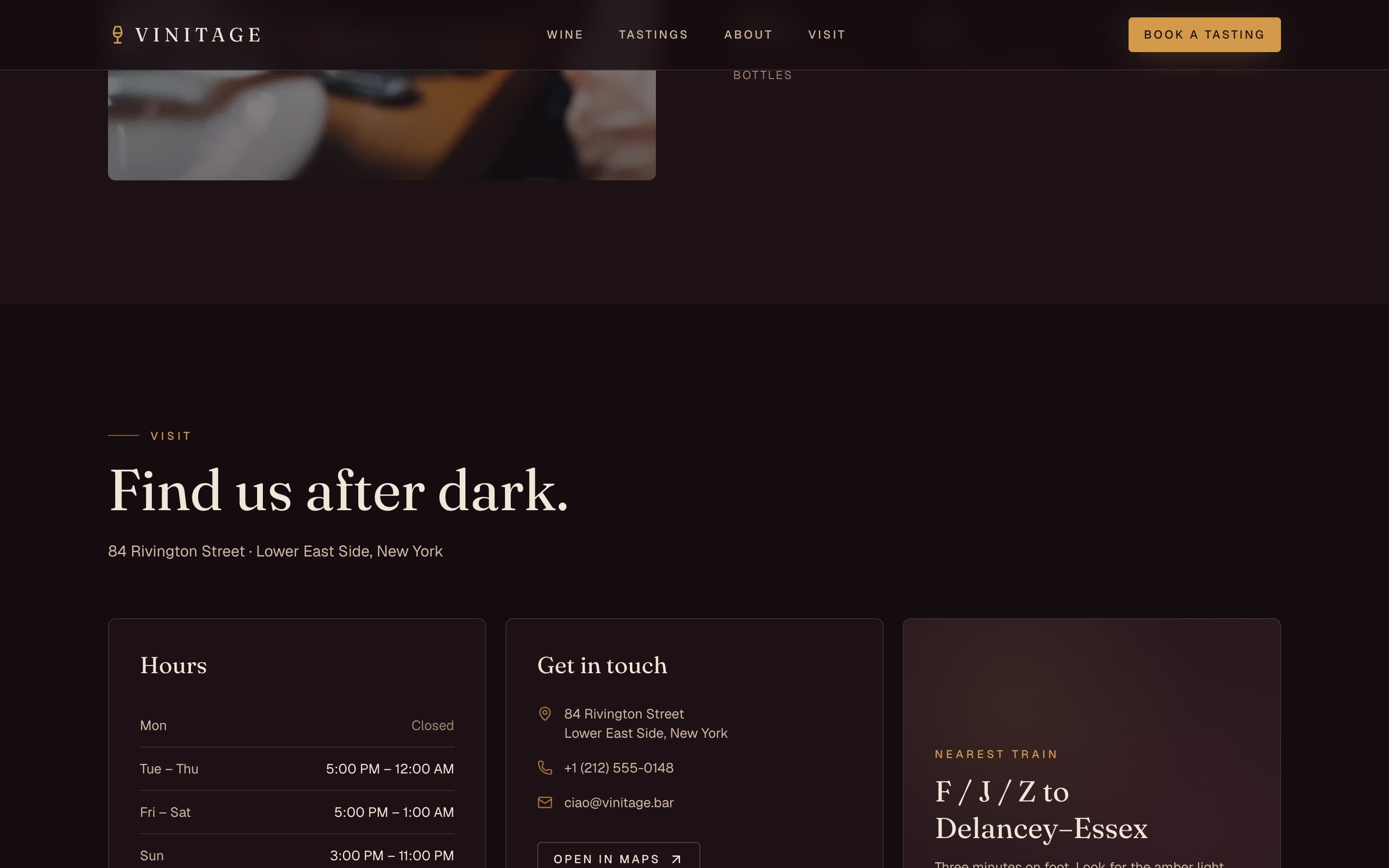 Vinitage — “Find us after dark” — hours, contact, and the nearest train.