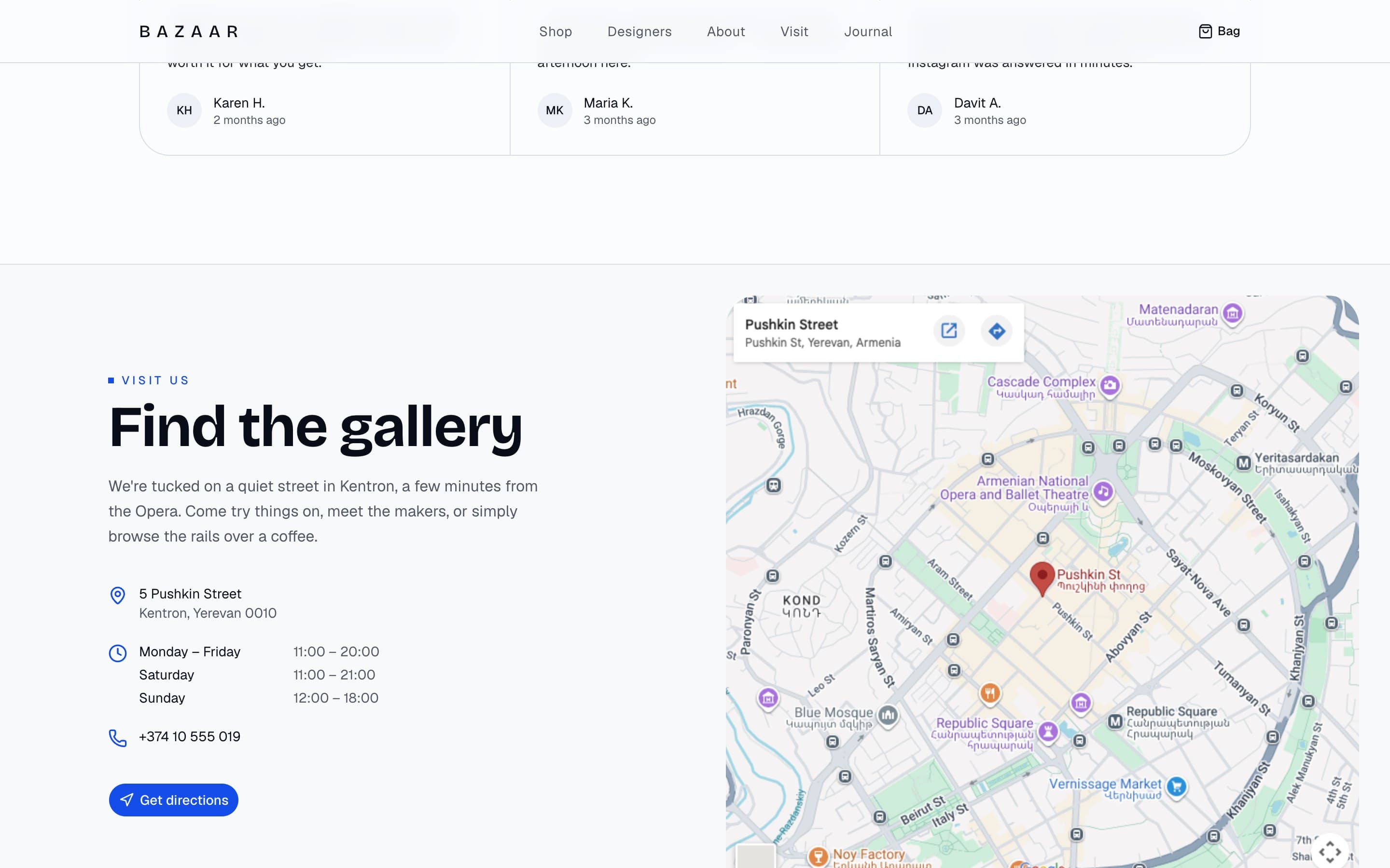Bazaar — Local reviews and a “find the gallery” map for the Yerevan storefront.