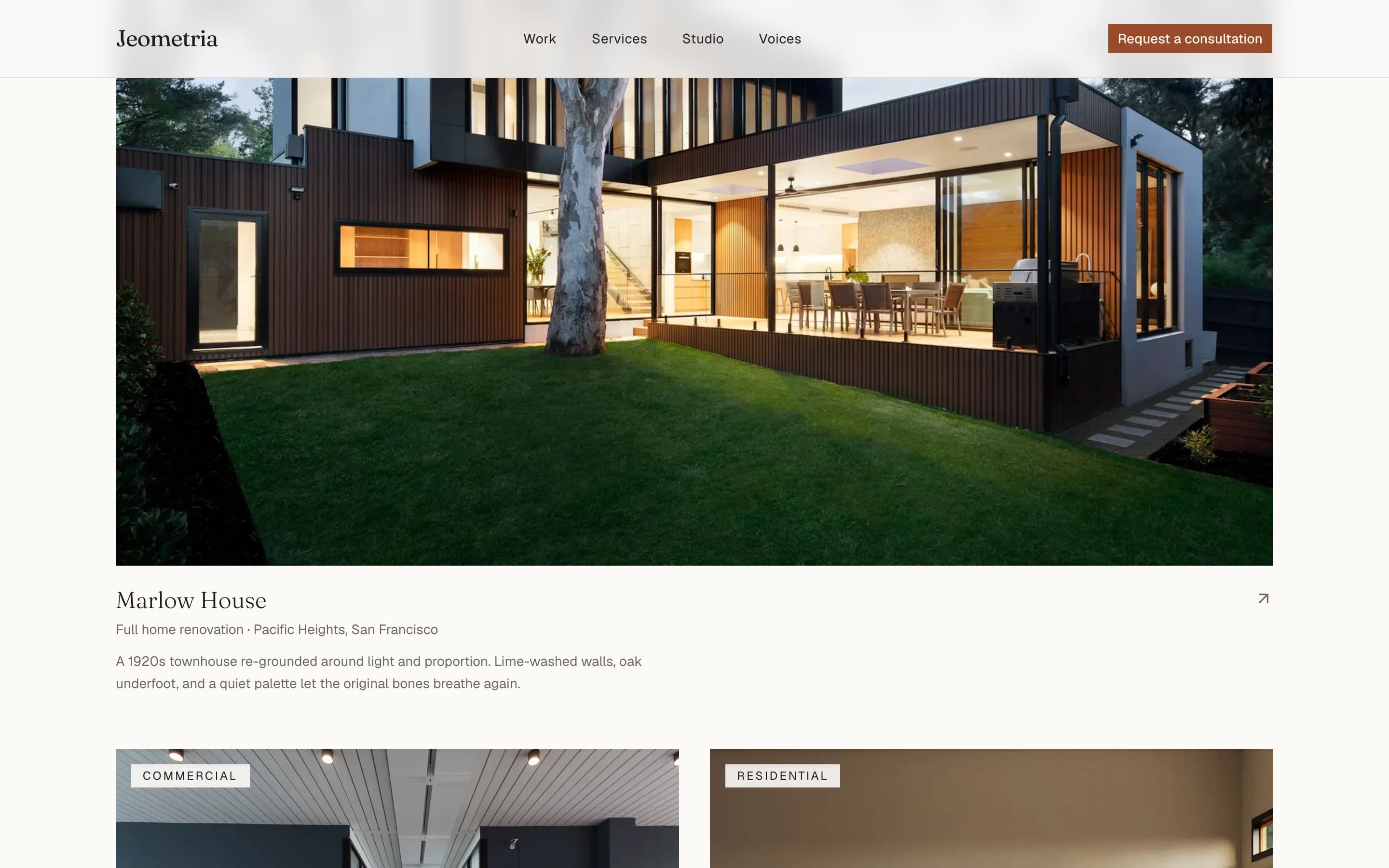 Geometria — A large-format project showcase with quiet captions.