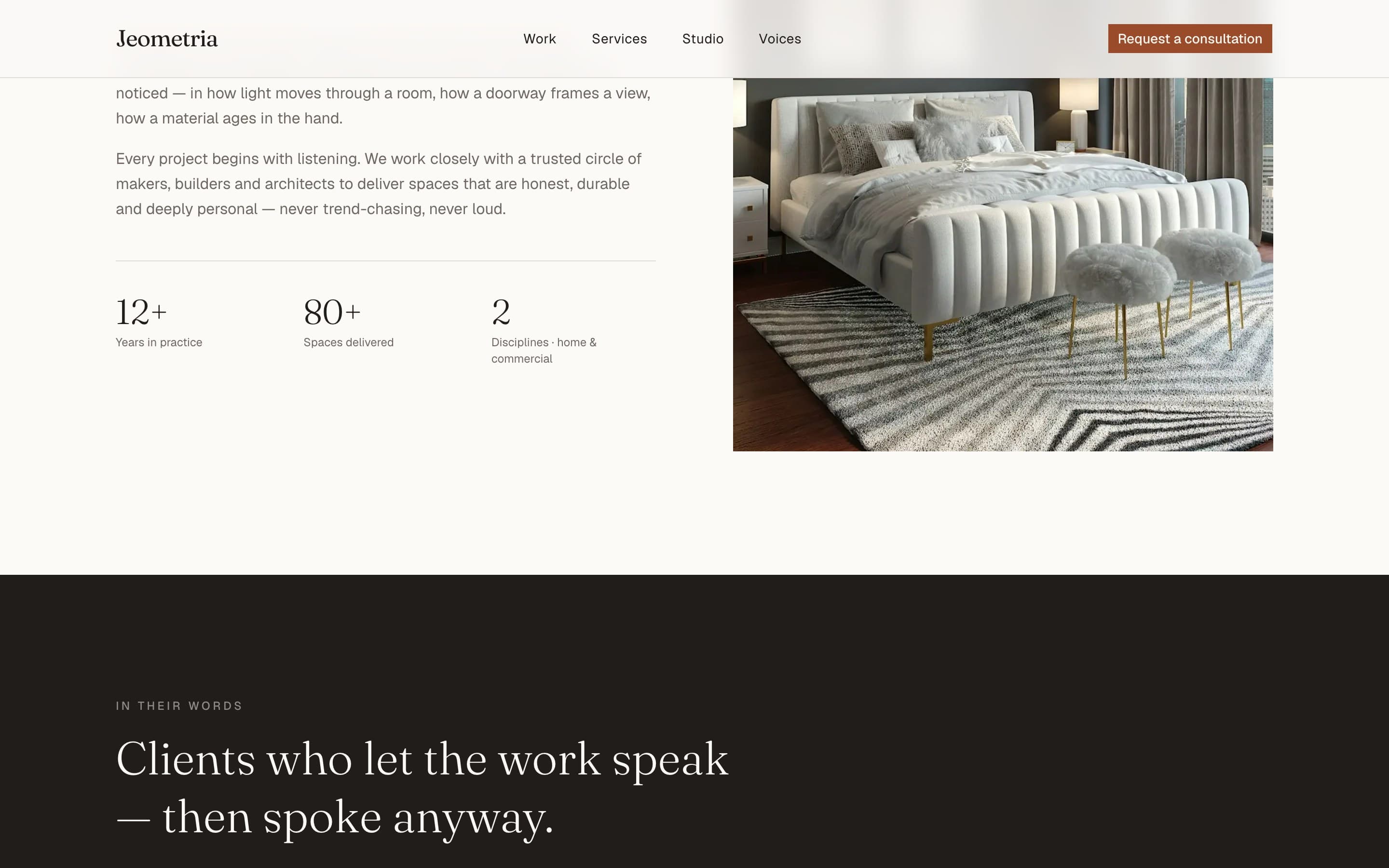 Geometria — Studio stats and a clients' “voices” section.