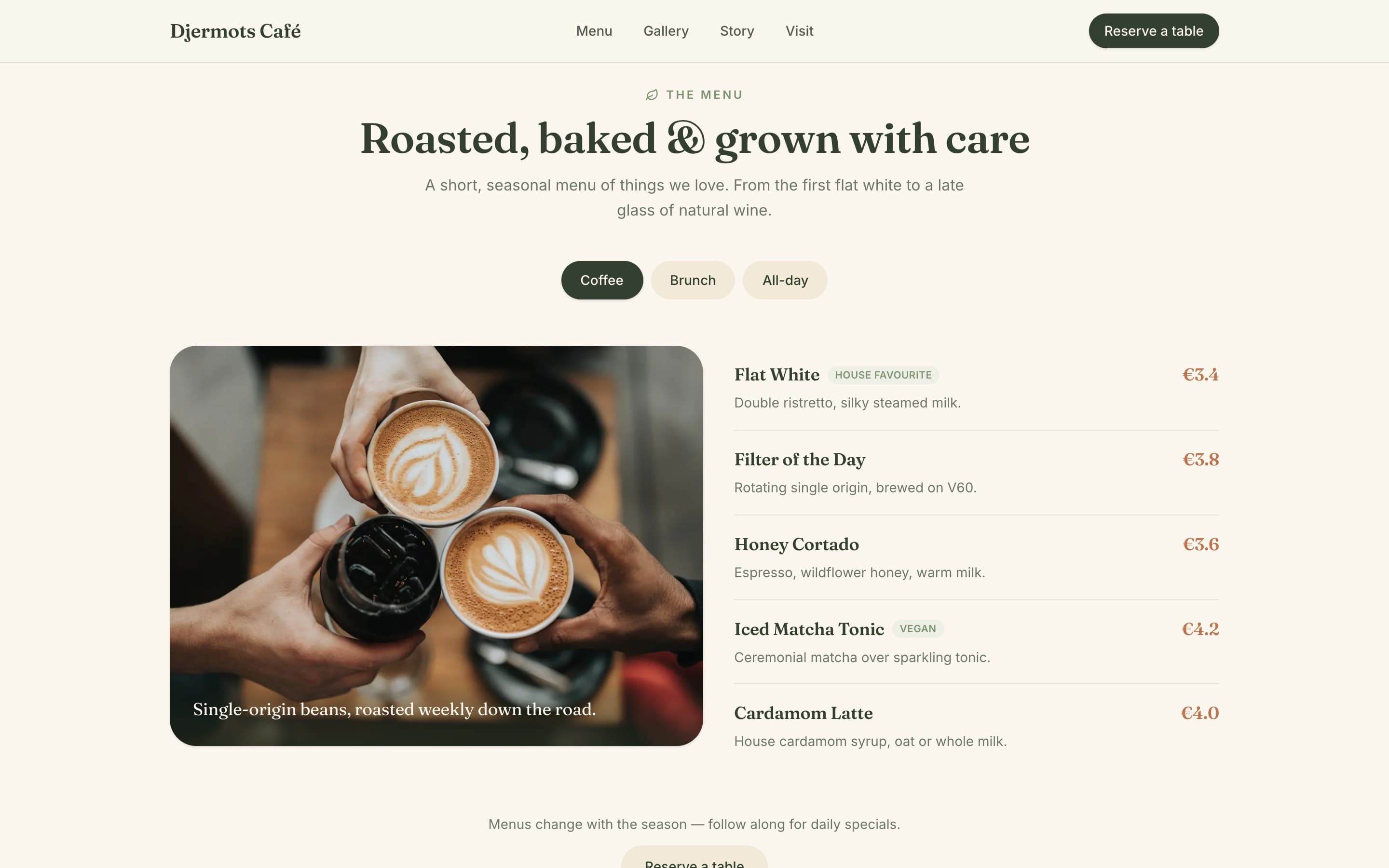 Djermots Café — A seasonal menu split into coffee, brunch, and all-day tabs.