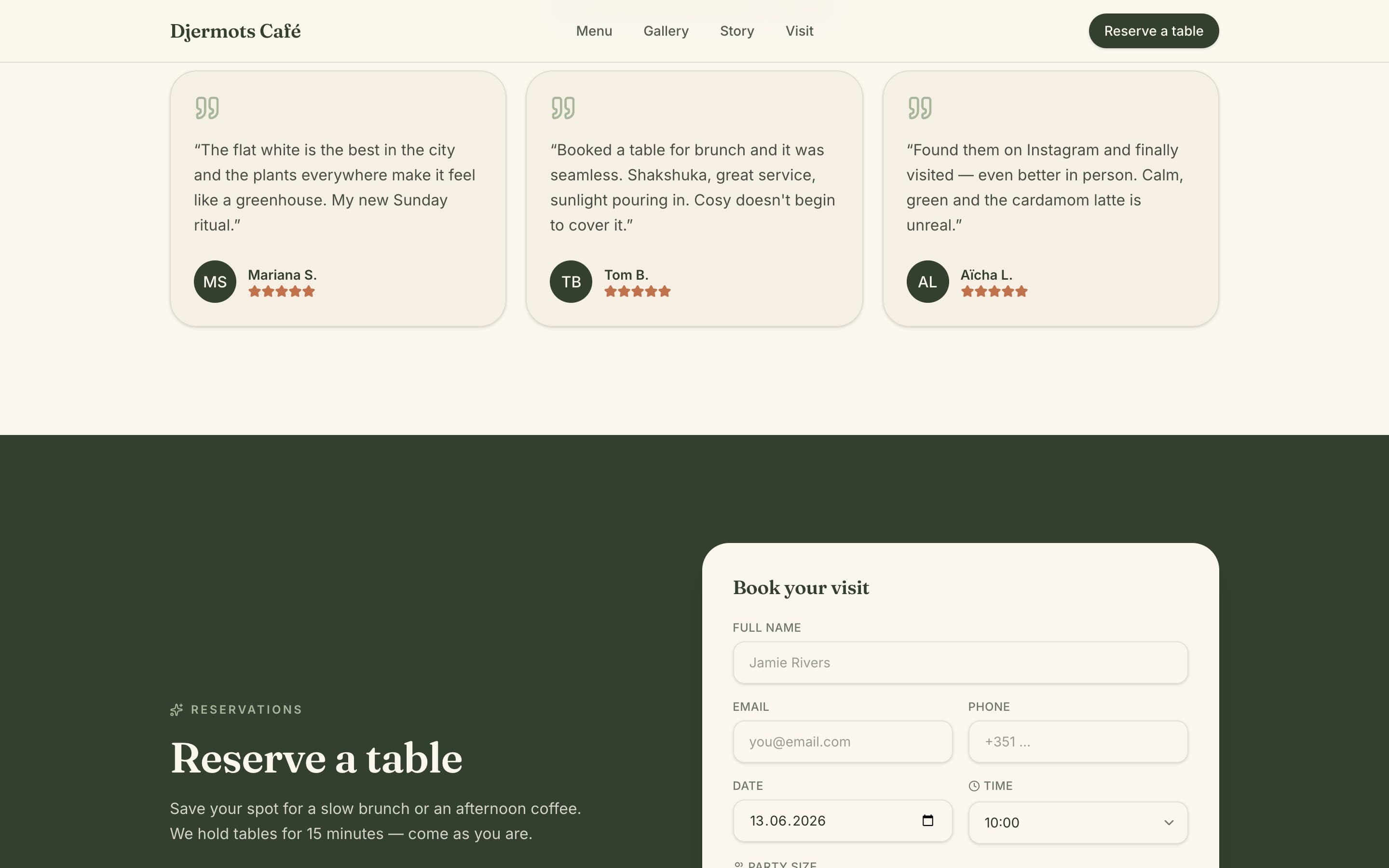 Djermots Café — Guest reviews leading into the reservation form.