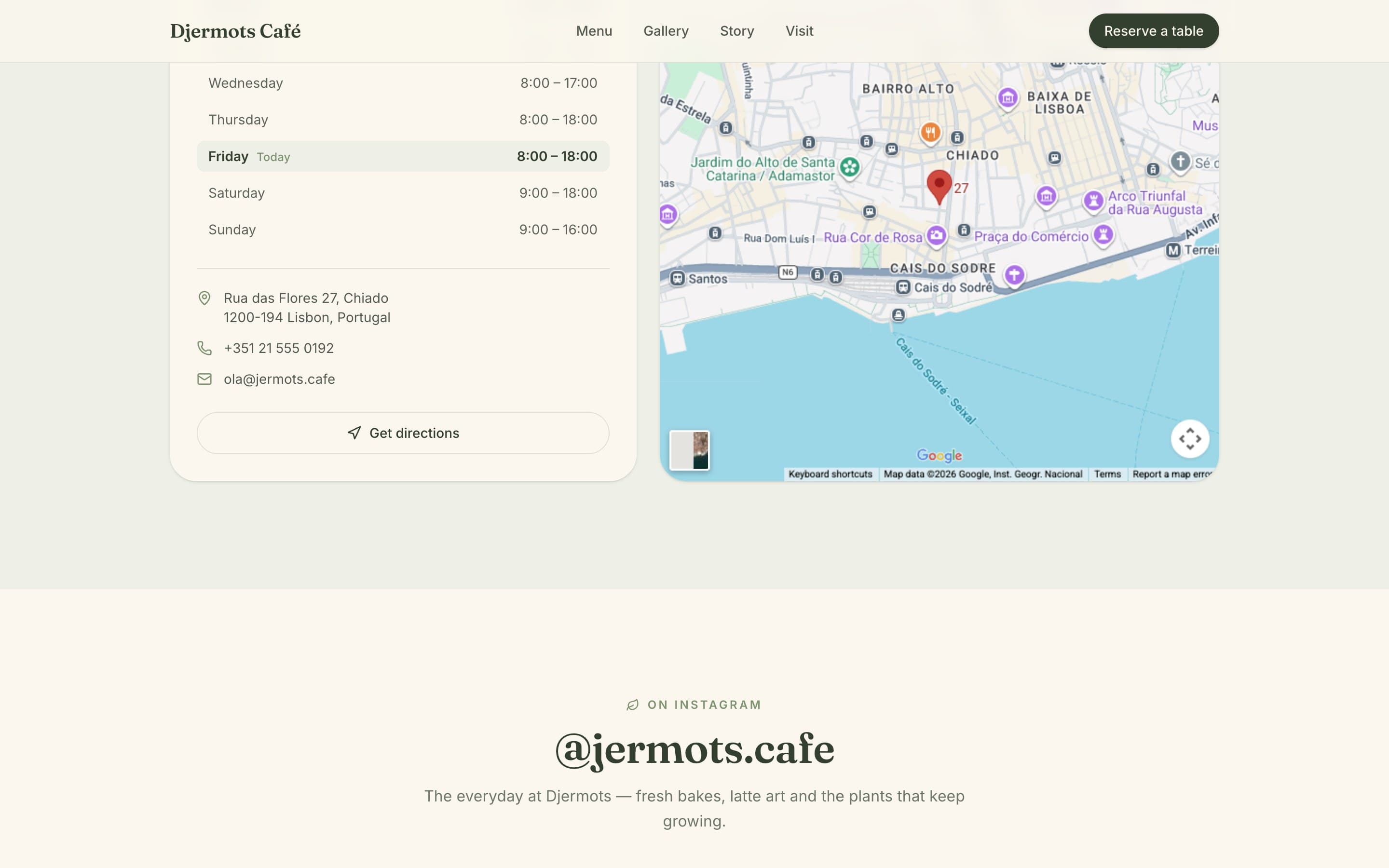 Djermots Café — Opening hours, a live map, and the Instagram feed.