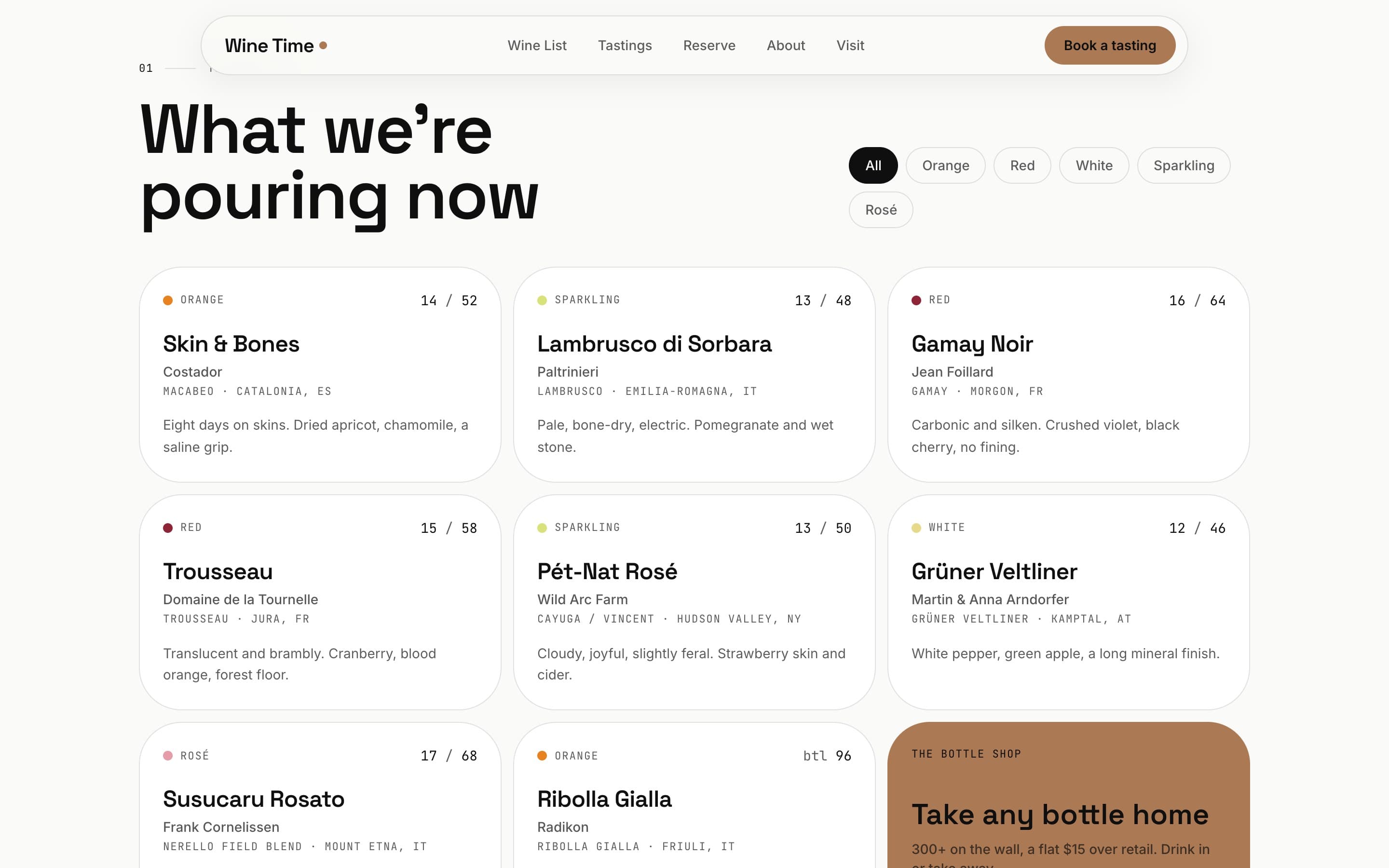 Wine Time — “What we're pouring now” — a filterable, category-tagged list of every open bottle.