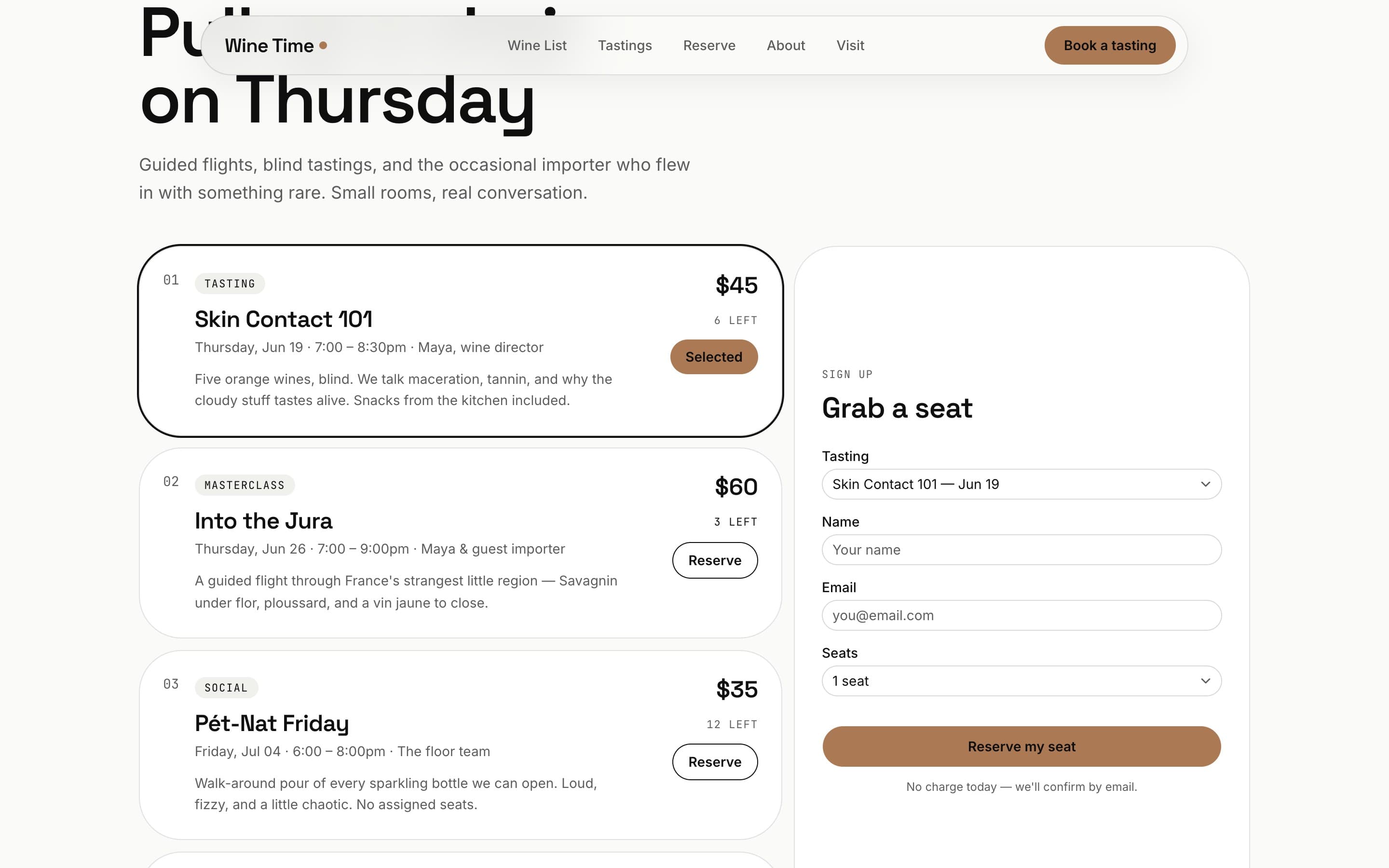 Wine Time — Tastings and masterclasses with live seat counts and an inline reservation form.