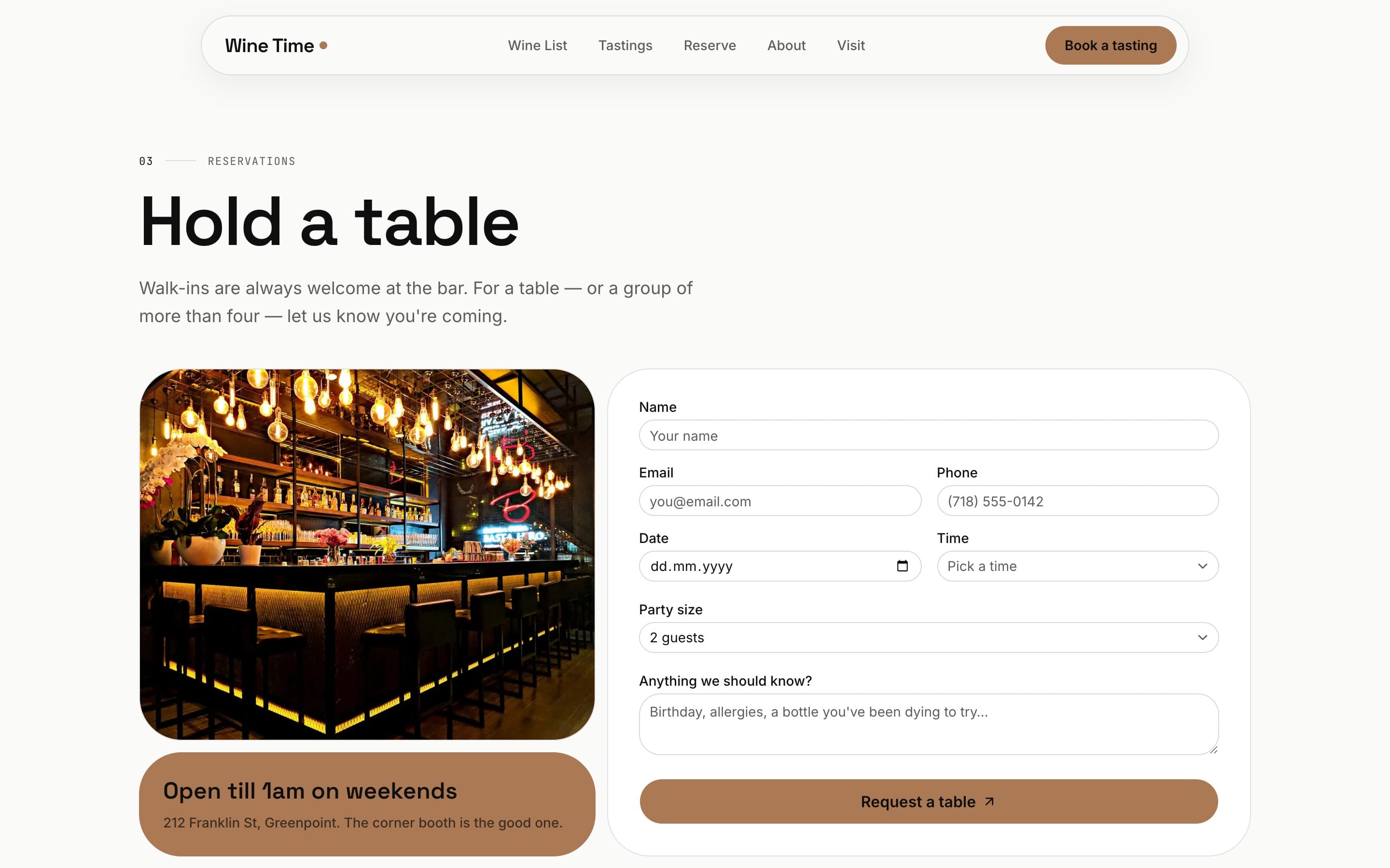 Wine Time — A relaxed table-reservation flow with party size, date, and a note to the floor.