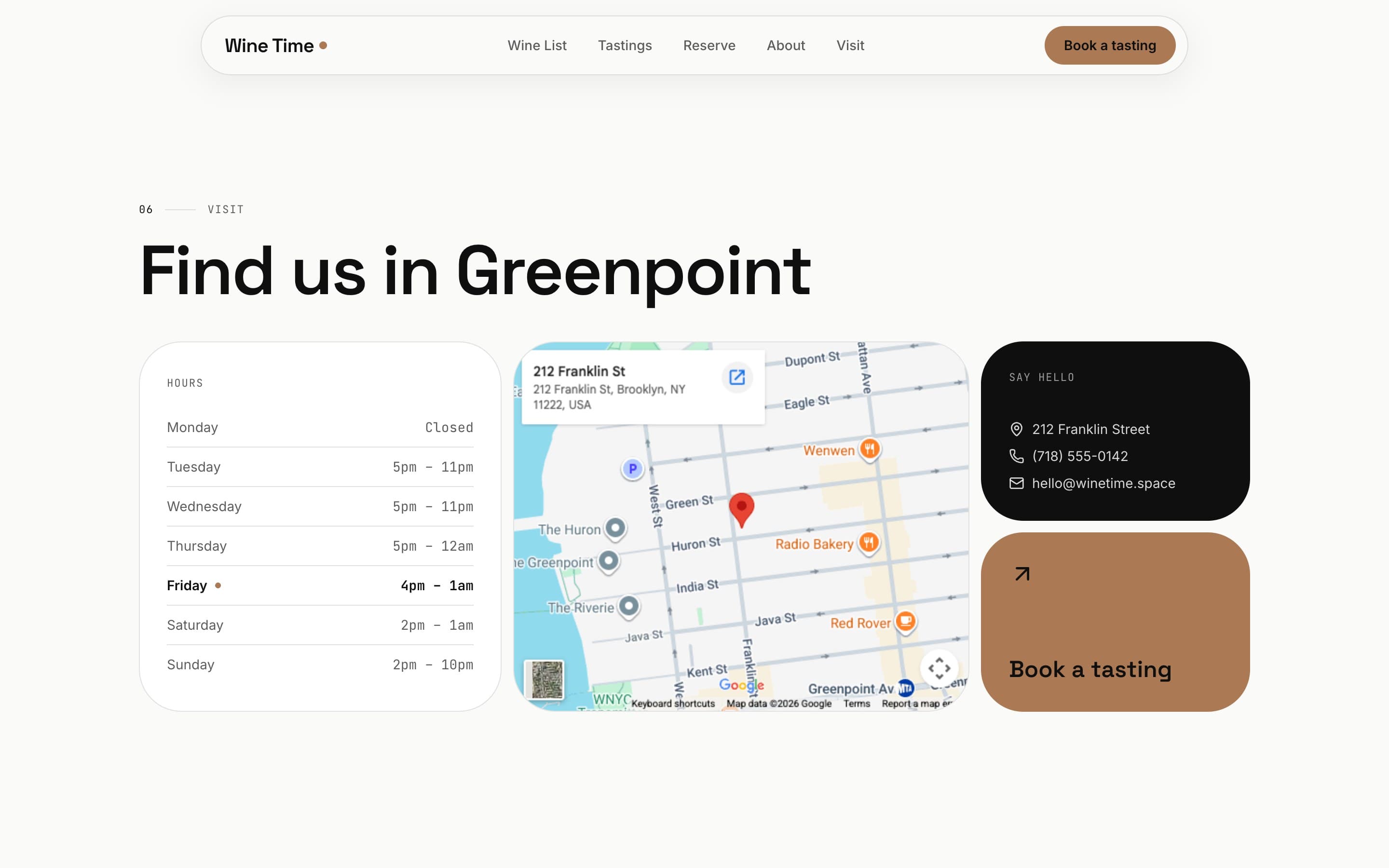 Wine Time — Hours, an embedded map, and contact details in a tidy info grid.